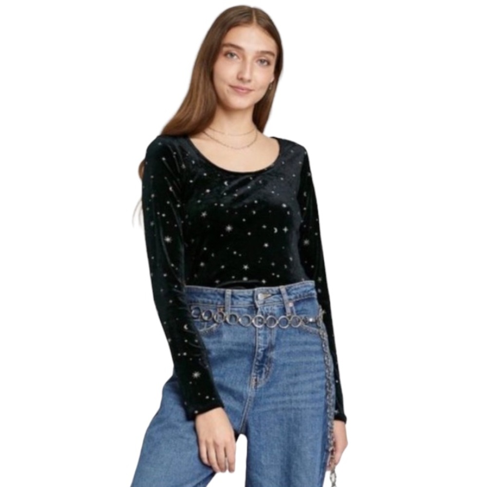 Wild Fable Black And Silver Star Print Long Sleeve Bodysuit Size Medium